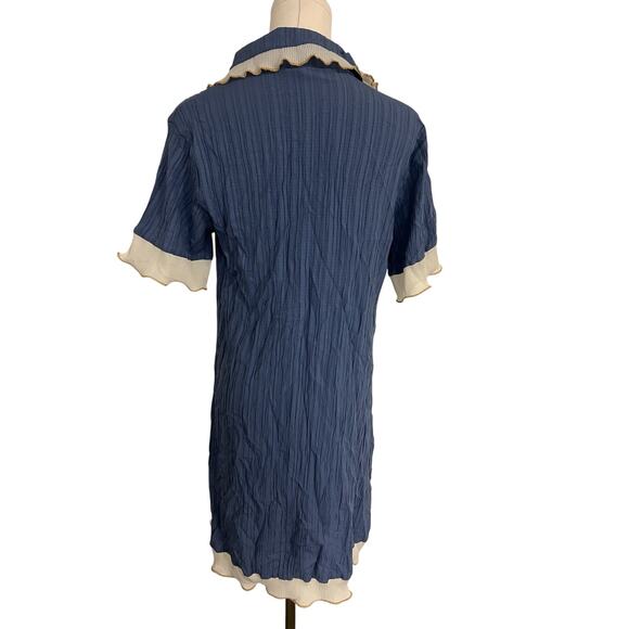 Blue Pleated Dress Collared Ruffle Gold Pearl Buttons Size XL Coquette - Picture 5 of 10